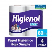 HIGIENOL PAPEL HIGIENICO X4 MAX X80 HOJA SIMPLE