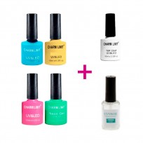 KIT CHARM LIMIT ESMALTE SEMIPERMANENTE X4 A ELECCION + TOP COAT + CUVAGE PRIMER