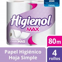 HIGIENOL PAPEL HIGIENICO X4 MAX X80 HOJA SIMPLE