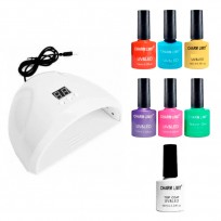 SET DE MANICURIA CABINA DAZZLE UV/LED 36W + CHARM LIMIT ESMALTE SEMIPERMANENTE X6 A ELECCION + TOP COAT